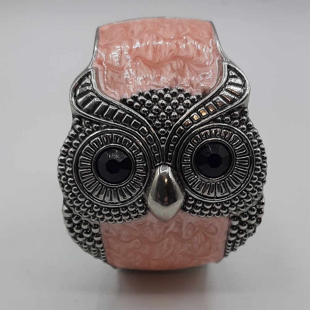 Tazza Bracelet Owl Pink Enamel All Around Glossy Black  Eyes Silvertone Hinged